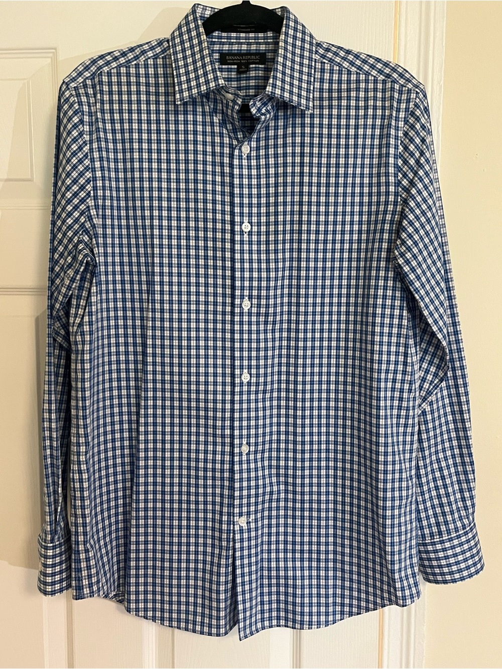 Banana Republic Men's Blue and White Checked Dress Shirt